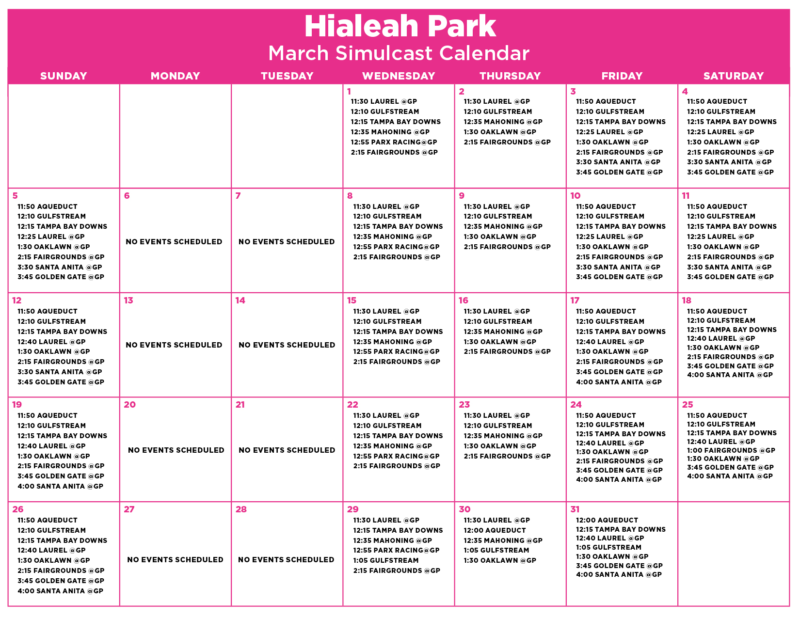 March Simulcast Calendar