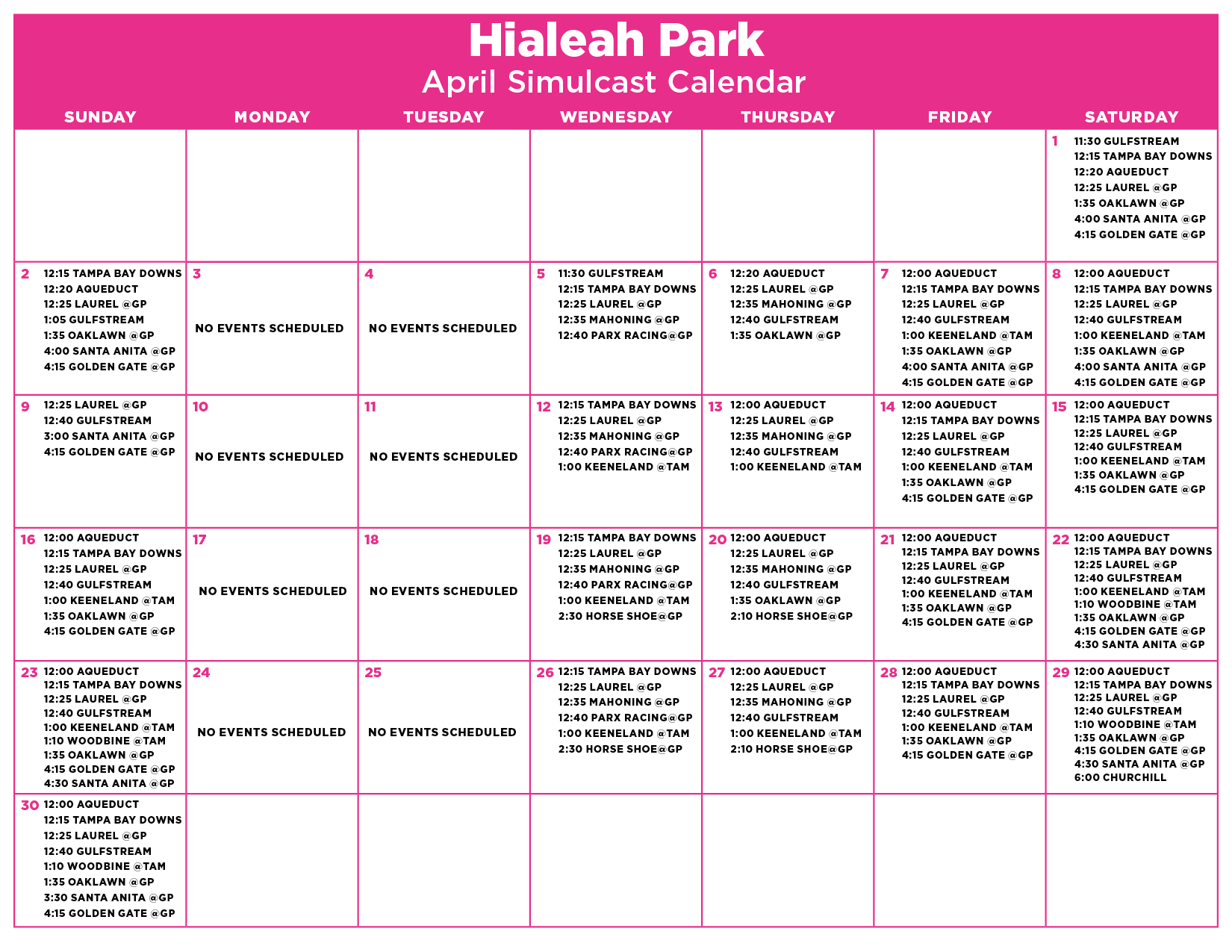 April Simulcast Calendar