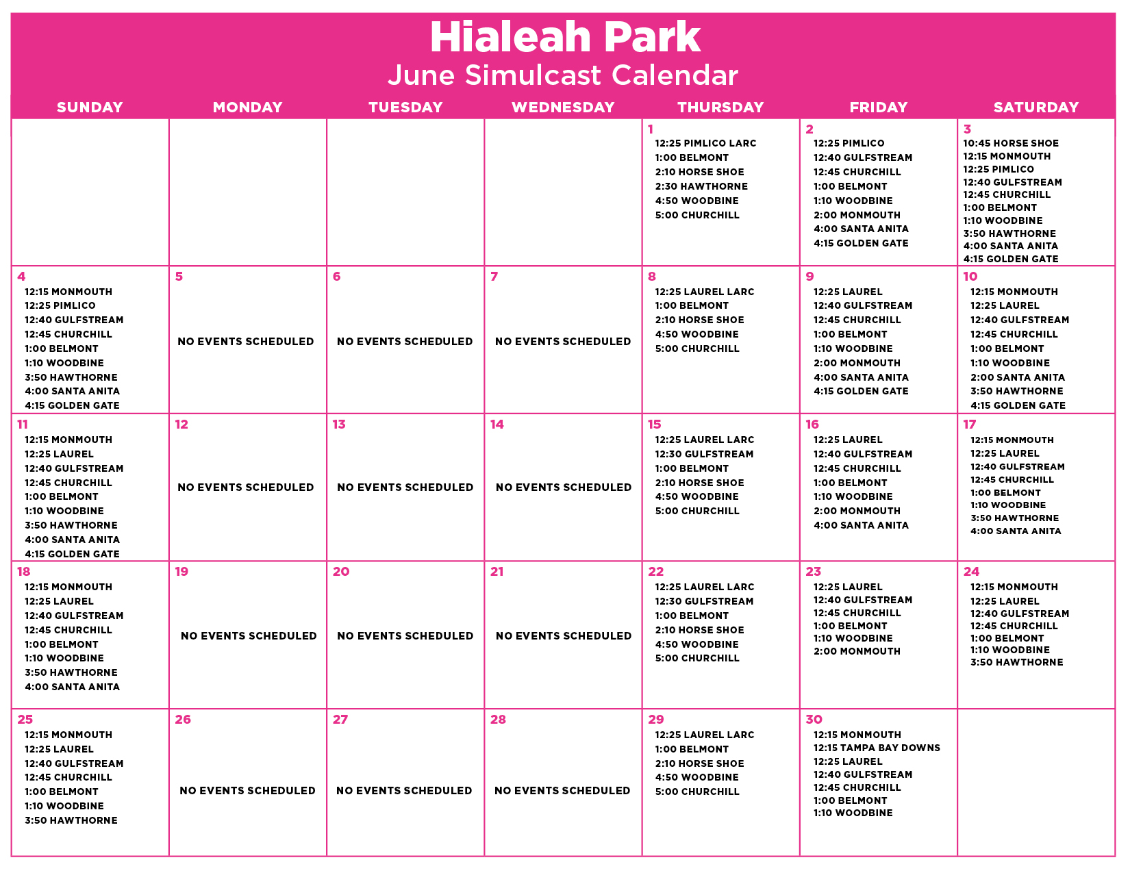 June Simulcast Calendar