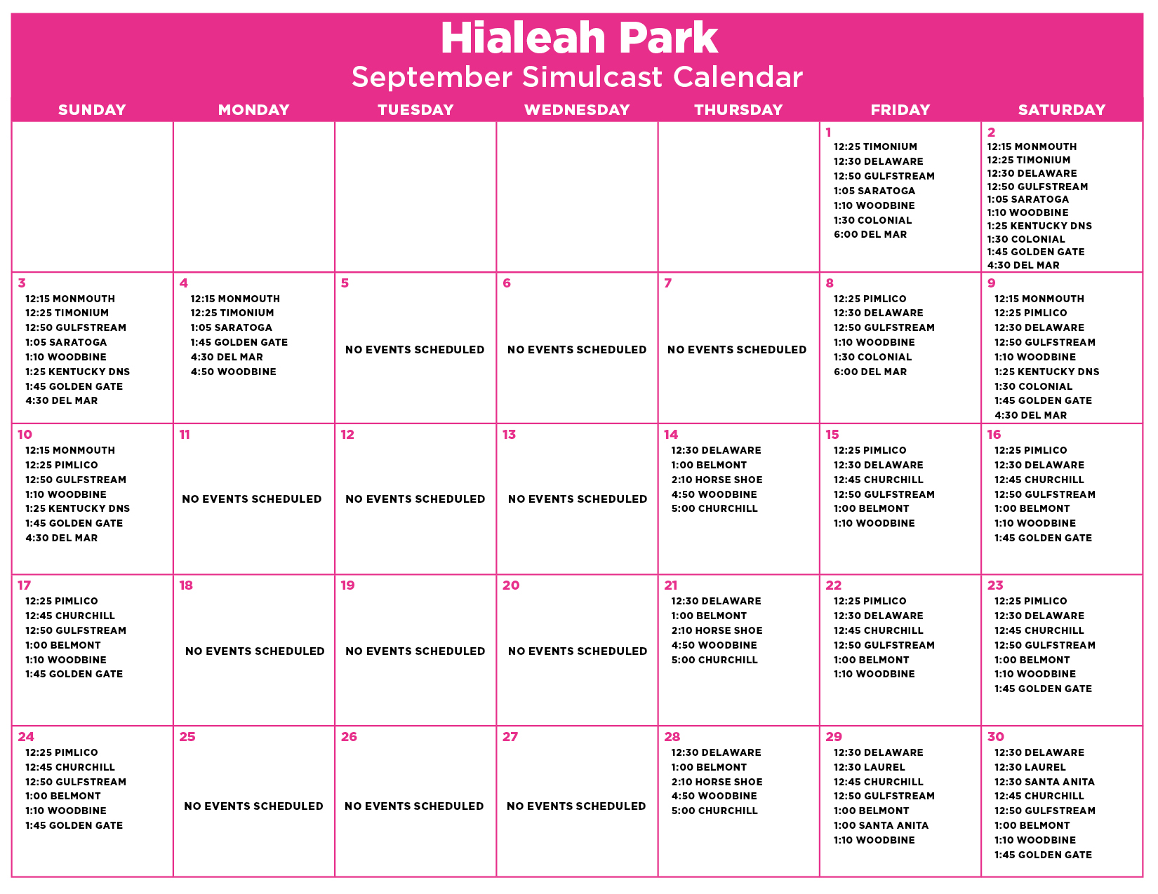 September Simulcast Calendar