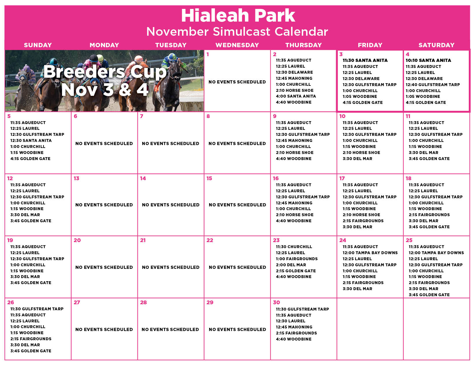 November Simulcast Calendar