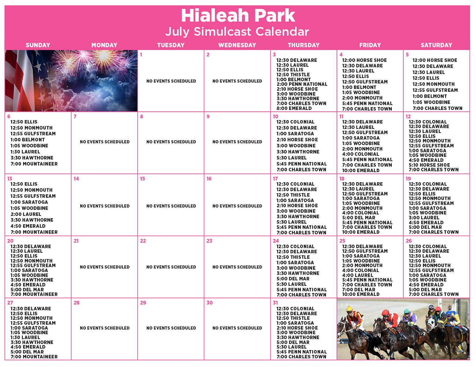 July Simulcast Calendar